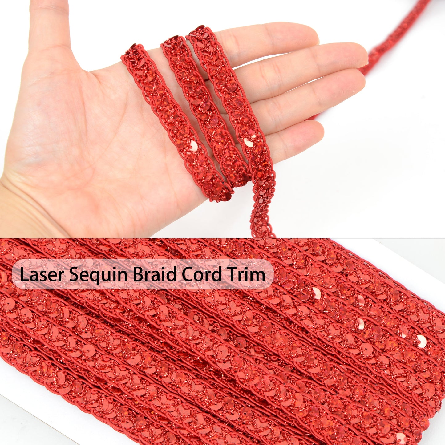 Sequin Braid Cord Trim, 0.4 Inch Glitter Laser Sequin Strip, Sewing Sequin Ribbon for DIY Crafts Party Decorations, 13 Yards