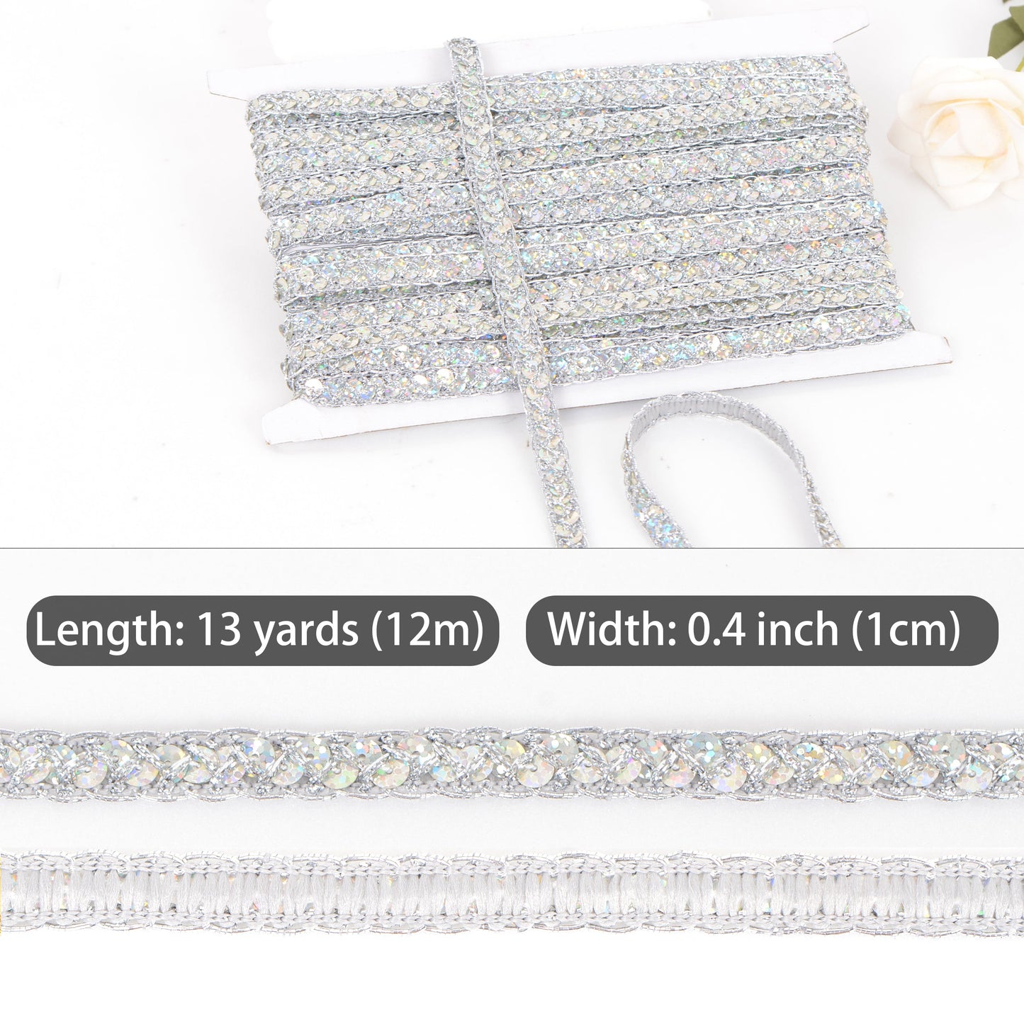 Sequin Braid Cord Trim, 0.4 Inch Glitter Laser Sequin Strip, Sewing Sequin Ribbon for DIY Crafts Party Decorations, 13 Yards