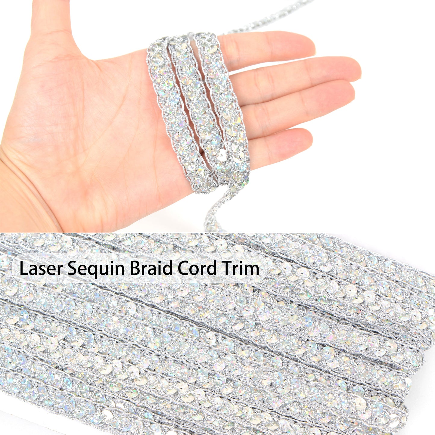Sequin Braid Cord Trim, 0.4 Inch Glitter Laser Sequin Strip, Sewing Sequin Ribbon for DIY Crafts Party Decorations, 13 Yards