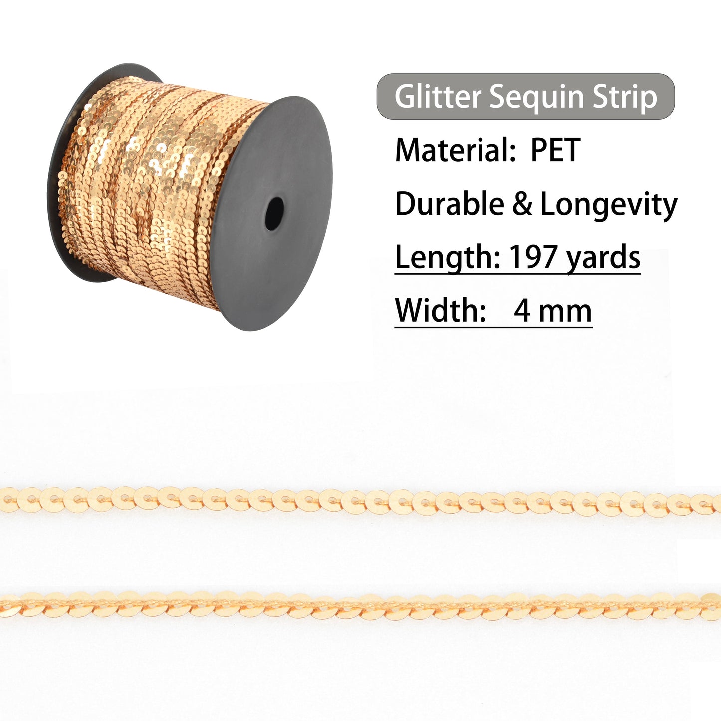 Flat Sequin Strip, 4mm String Metallic Sequin Strand, Paillette Metallic Sequin Trim Sewing String for DIY Crafts Embellishment, 197 Yards