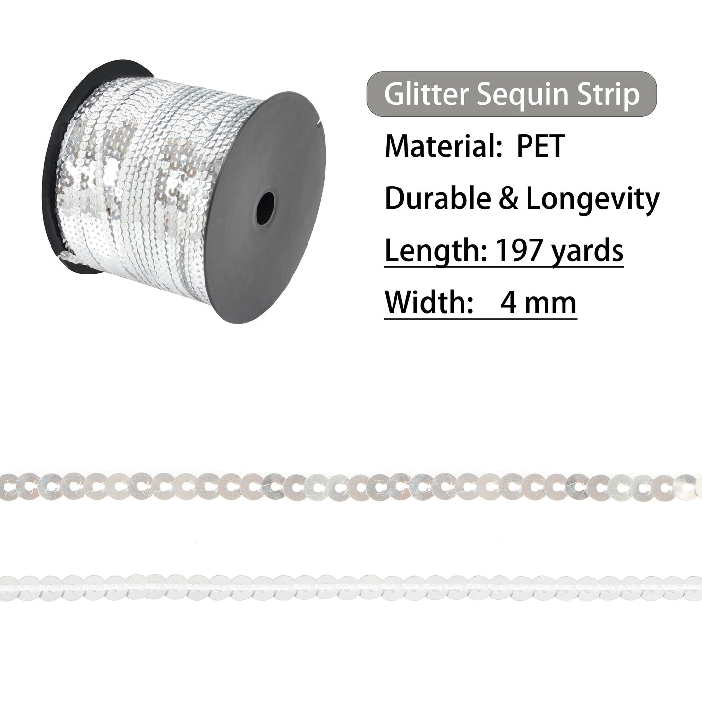Flat Sequin Strip, 4mm String Metallic Sequin Strand, Paillette Metallic Sequin Trim Sewing String for DIY Crafts Embellishment, 197 Yards