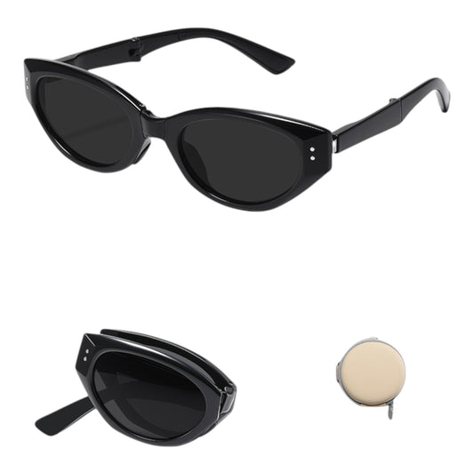 Women's Foldable Cat Eye Sunglasses with Compact Round Storage Case and UV Protection