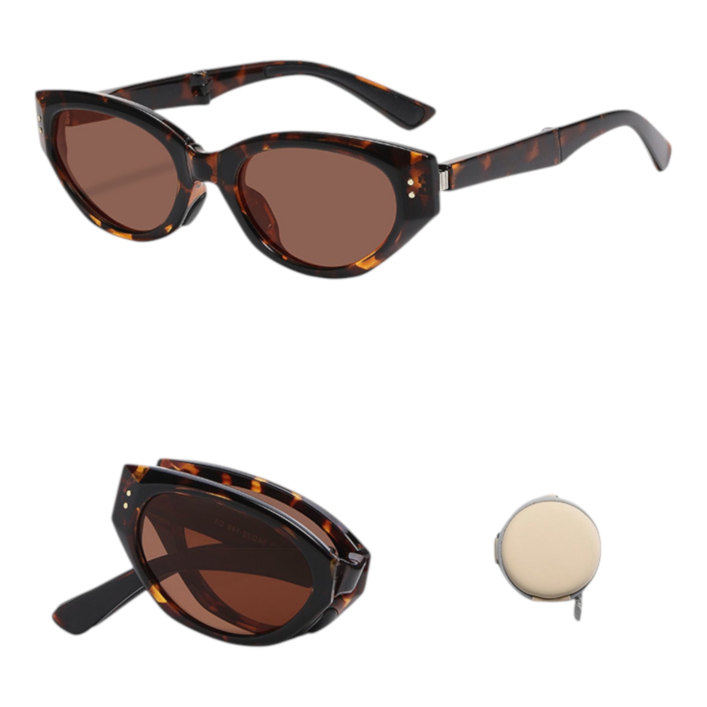 Women's Foldable Cat Eye Sunglasses with Compact Round Storage Case and UV Protection