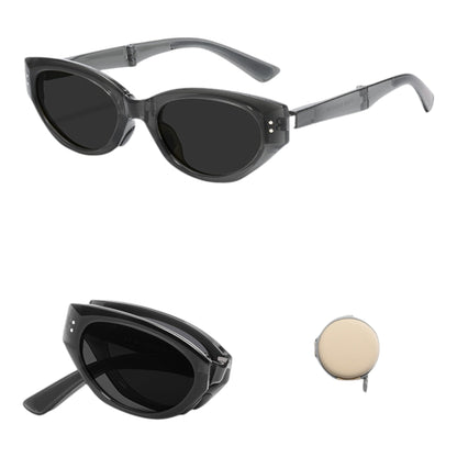 Women's Foldable Cat Eye Sunglasses with Compact Round Storage Case and UV Protection