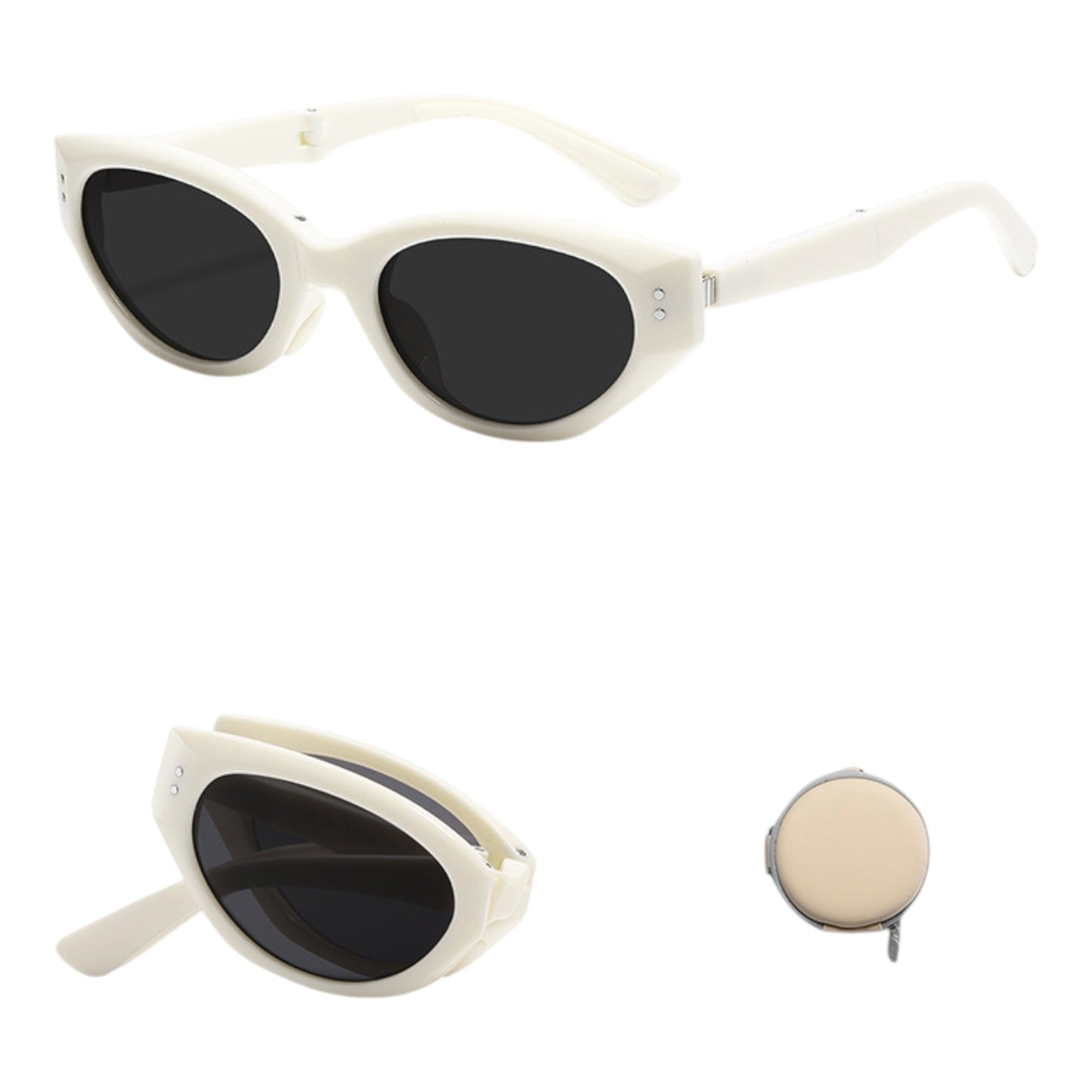 Women's Foldable Cat Eye Sunglasses with Compact Round Storage Case and UV Protection