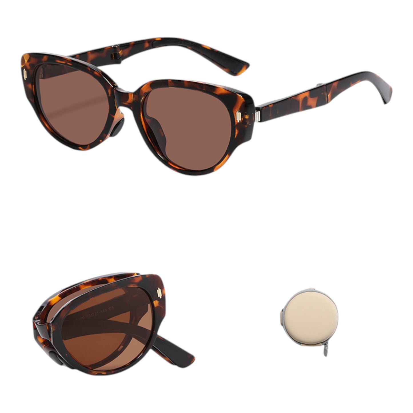 Women's Foldable Tortoiseshell Cat Eye Sunglasses with UV Protection and Compact Storage Case