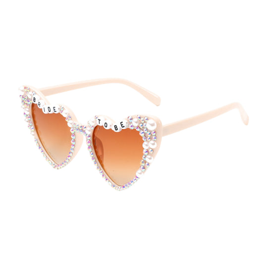 Women's Heart-Shaped Bride to Be Sunglasses with Rhinestone and Pearl Embellishments for Bachelorette Party