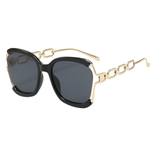 Women's Oversized Square Sunglasses with Cutout Chain Link Arms and Glamorous Metal Trim Detailing