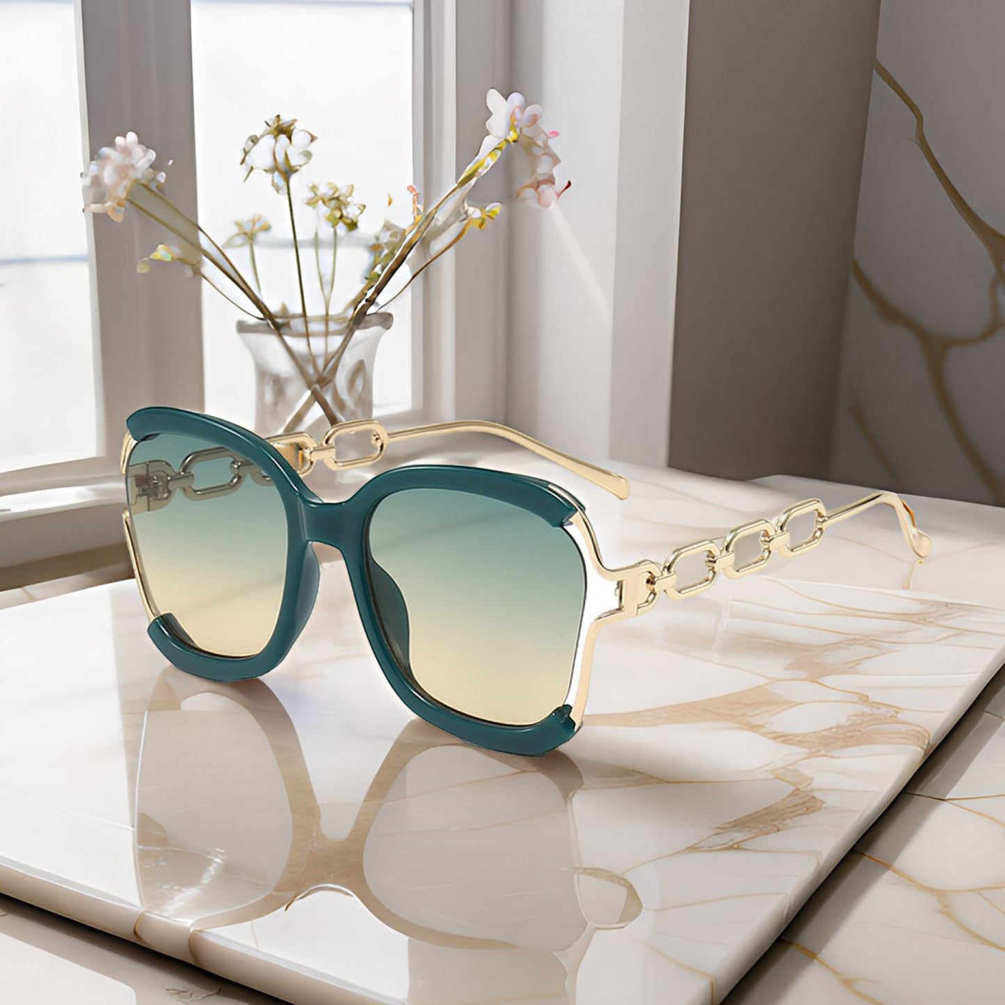 Women's Oversized Square Sunglasses with Cutout Chain Link Arms and Glamorous Metal Trim Detailing