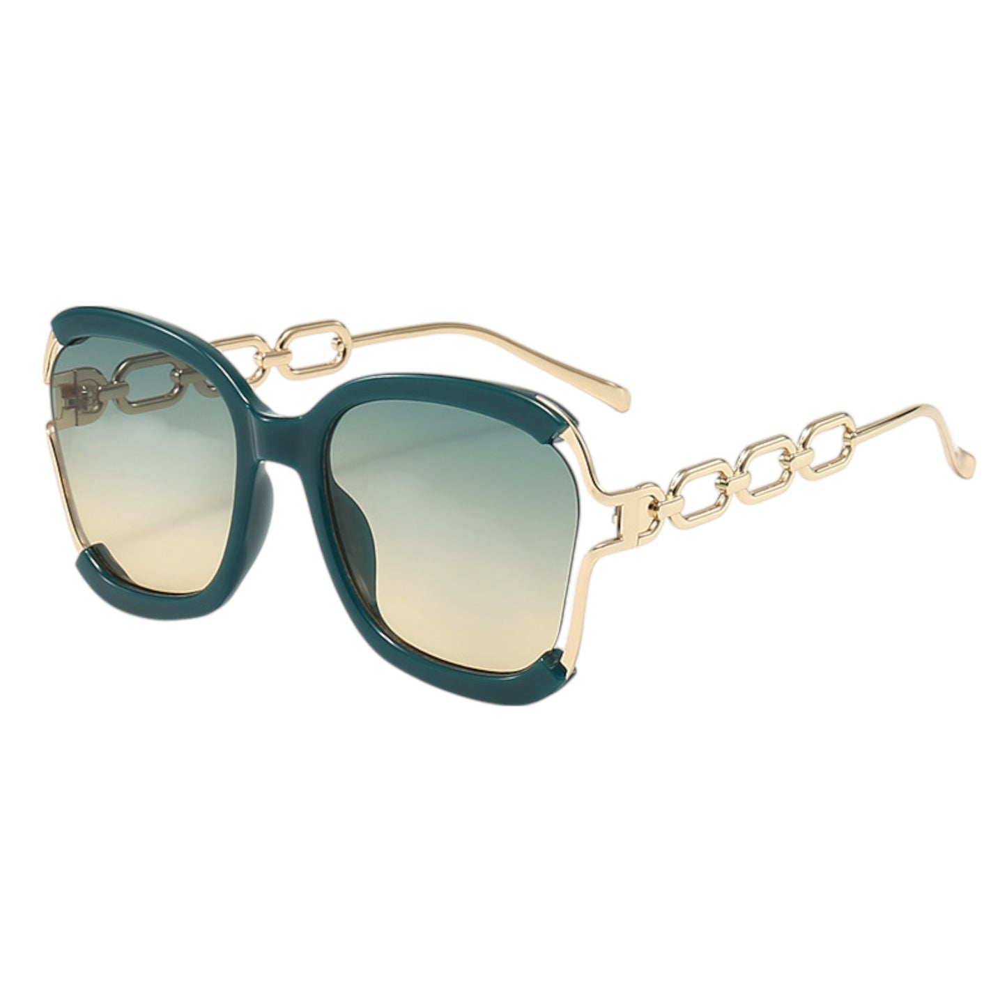 Women's Oversized Square Sunglasses with Cutout Chain Link Arms and Glamorous Metal Trim Detailing
