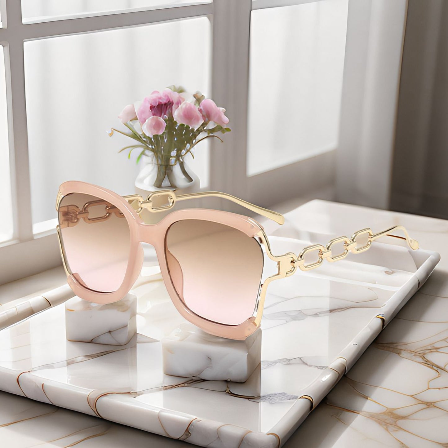 Women's Oversized Square Sunglasses with Cutout Chain Link Arms and Glamorous Metal Trim Detailing