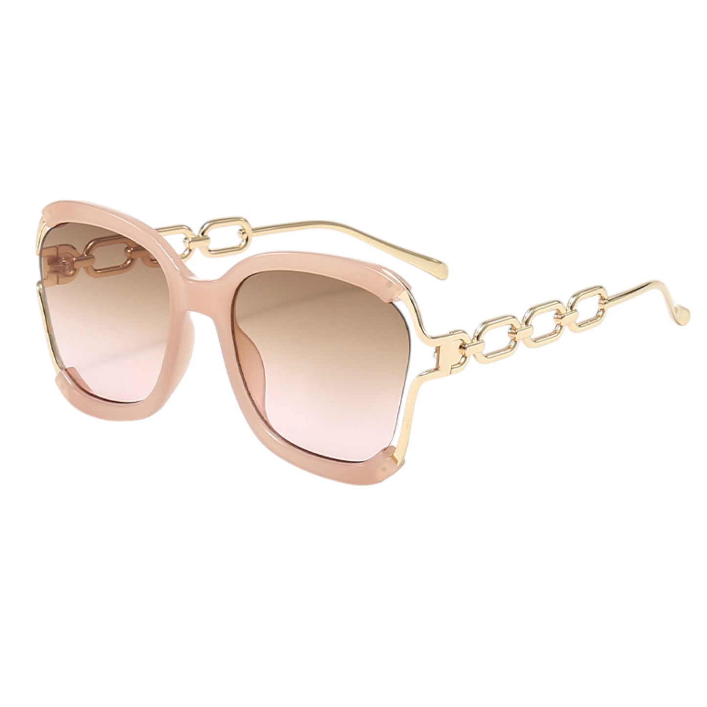 Women's Oversized Square Sunglasses with Cutout Chain Link Arms and Glamorous Metal Trim Detailing