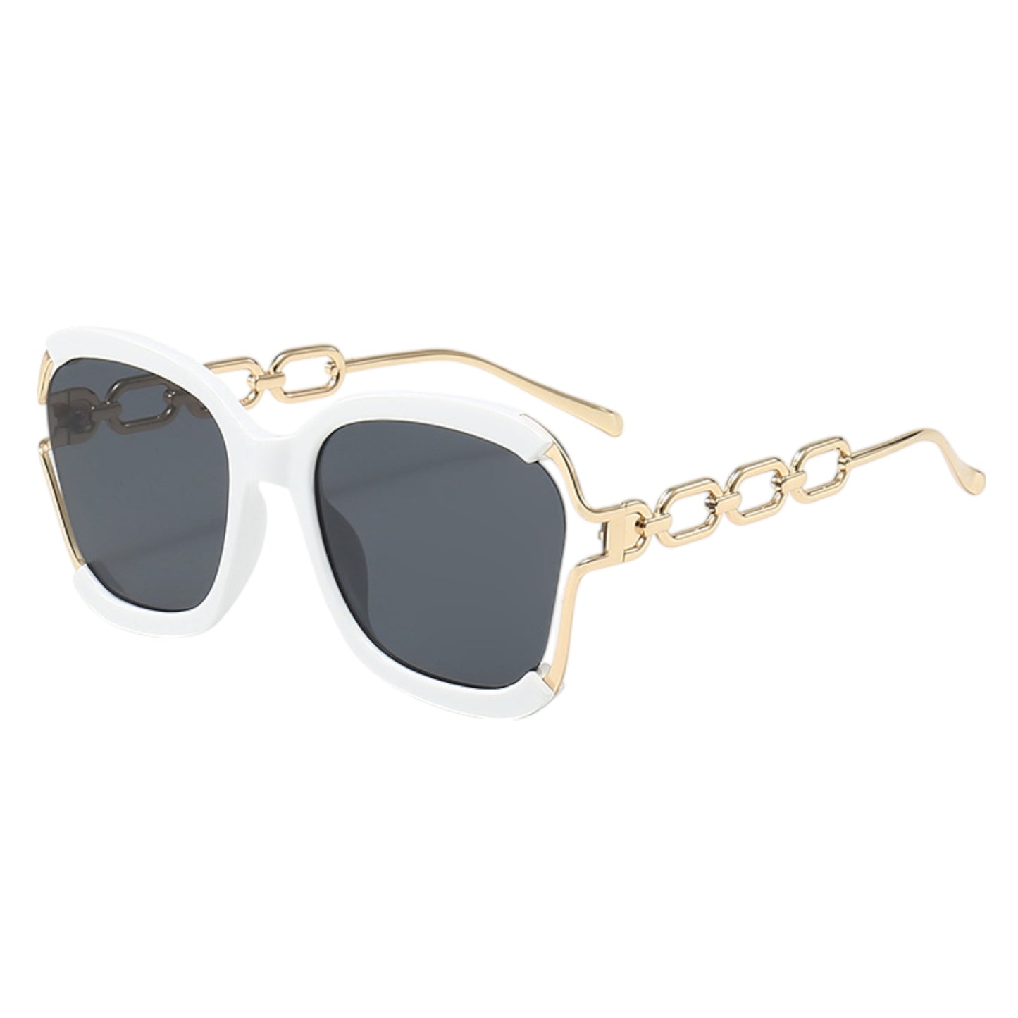 Women's Oversized Square Sunglasses with Cutout Chain Link Arms and Glamorous Metal Trim Detailing