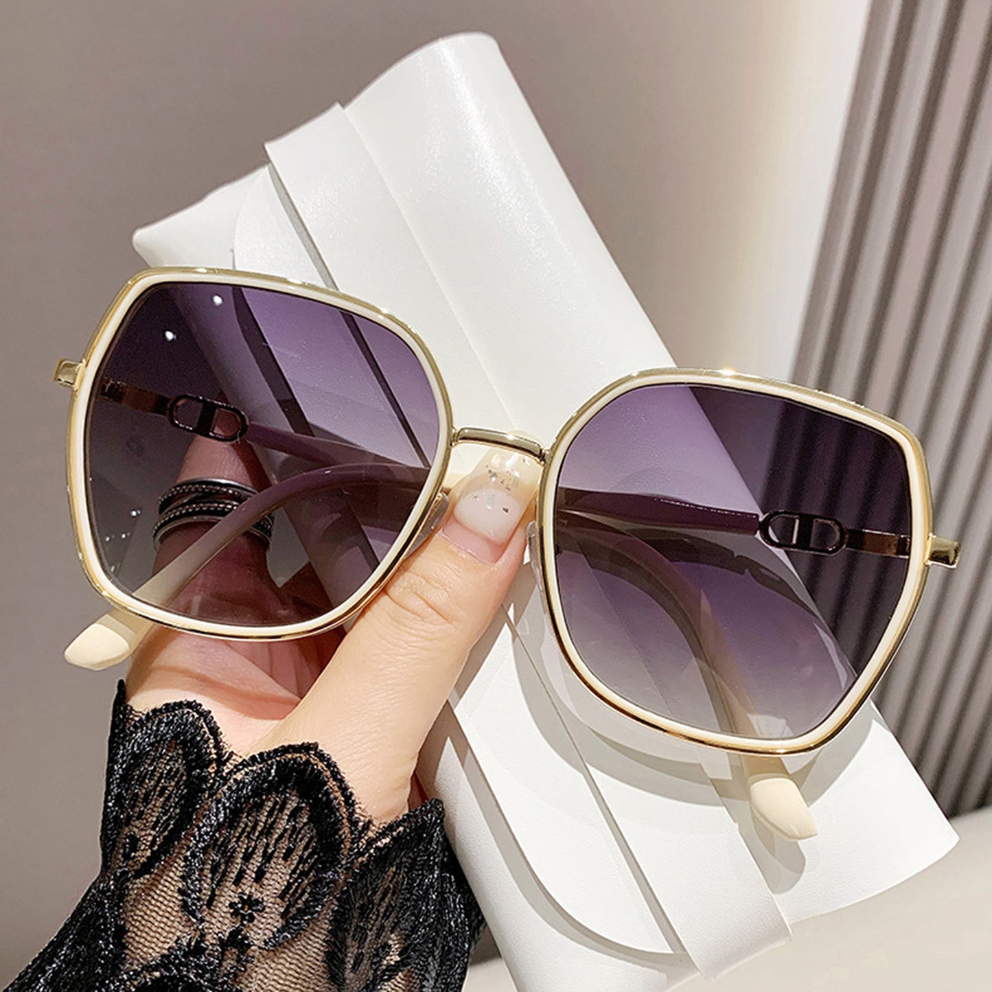 Oversized Square Sunglasses with Dual Layer Frame and Gold Temple Accent UV400 Dark Lenses