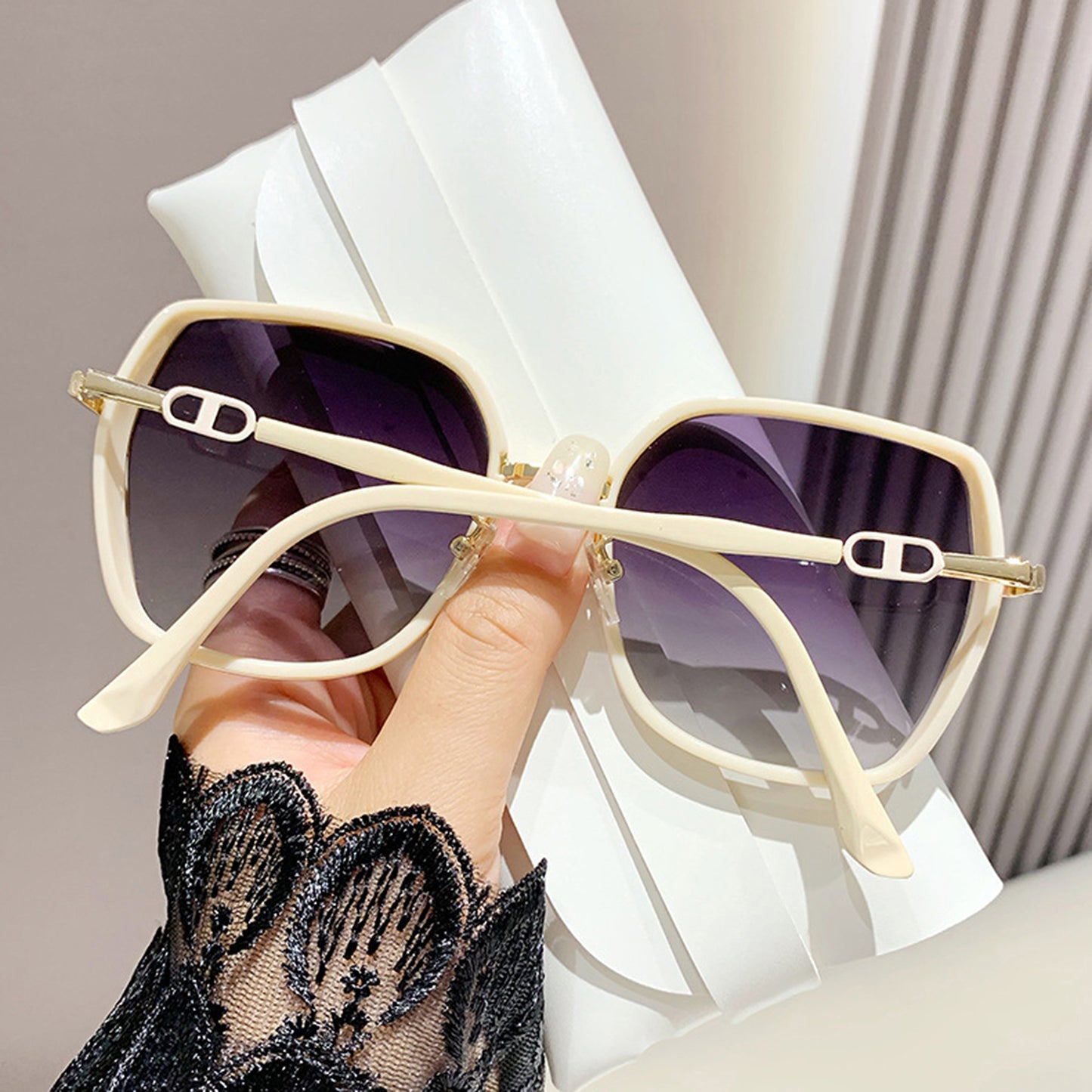 Oversized Square Sunglasses with Dual Layer Frame and Gold Temple Accent UV400 Dark Lenses