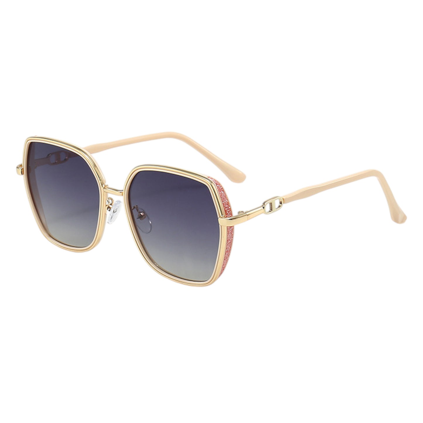 Oversized Square Sunglasses with Dual Layer Frame and Gold Temple Accent UV400 Dark Lenses