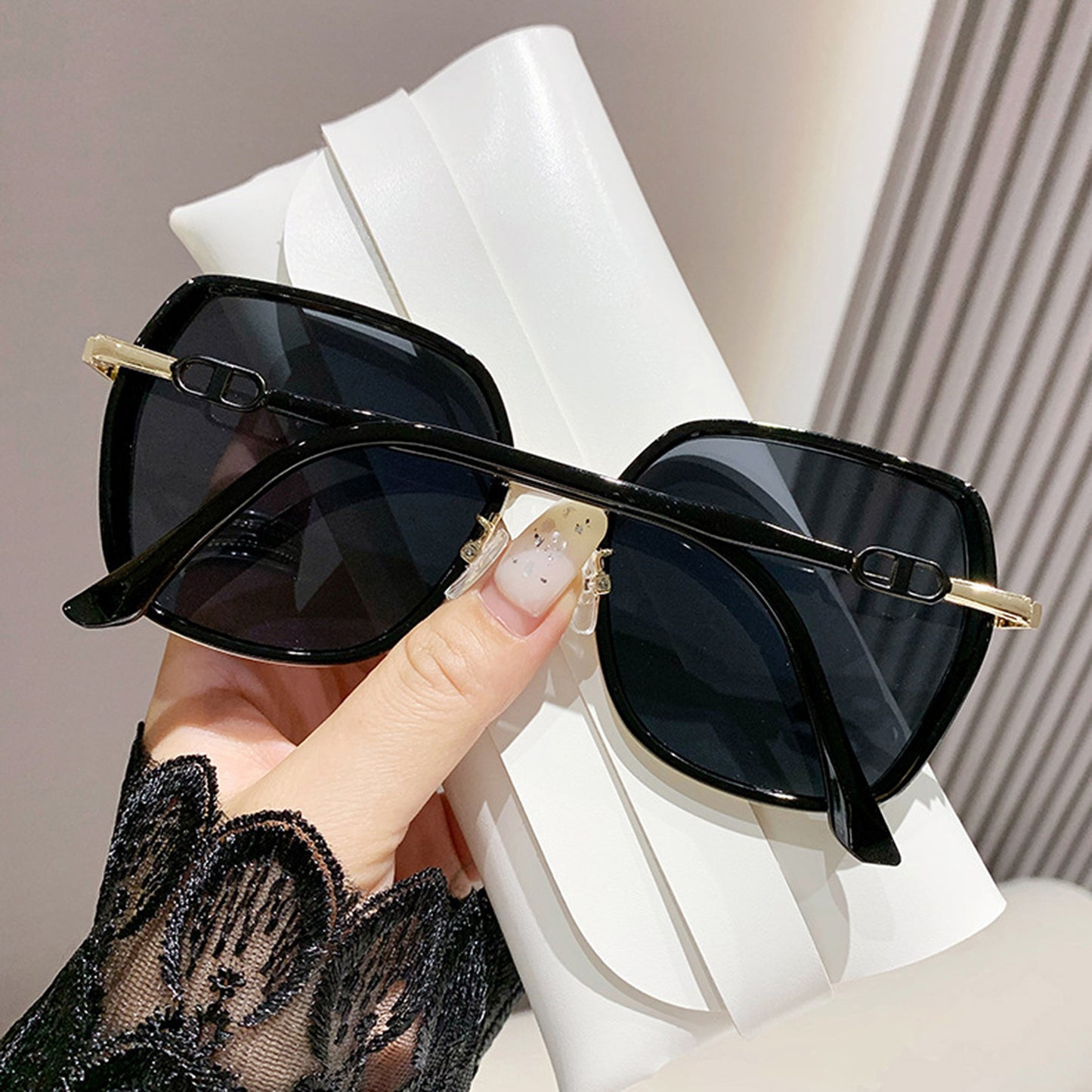 Oversized Square Sunglasses with Dual Layer Frame and Gold Temple Accent UV400 Dark Lenses