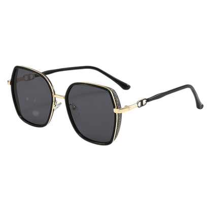 Oversized Square Sunglasses with Dual Layer Frame and Gold Temple Accent UV400 Dark Lenses