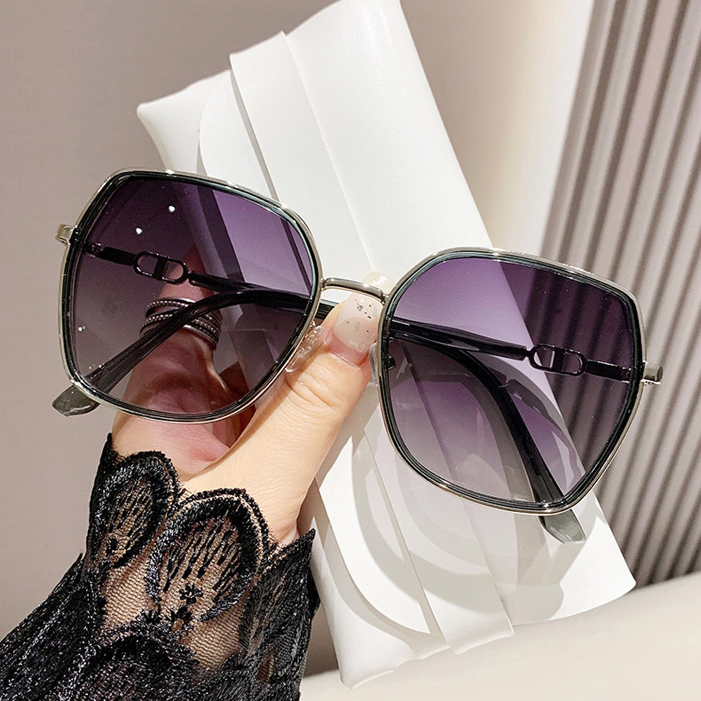 Oversized Square Sunglasses with Dual Layer Frame and Gold Temple Accent UV400 Dark Lenses