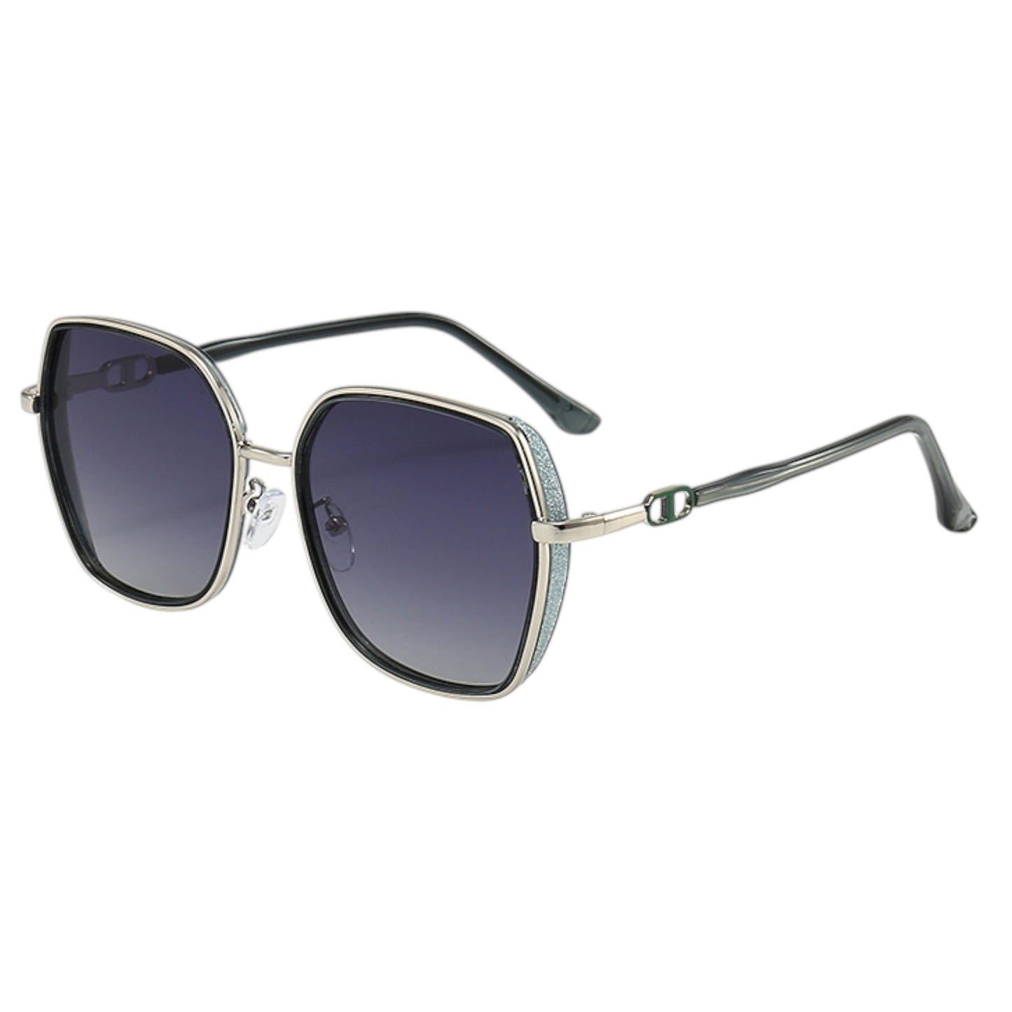 Oversized Square Sunglasses with Dual Layer Frame and Gold Temple Accent UV400 Dark Lenses