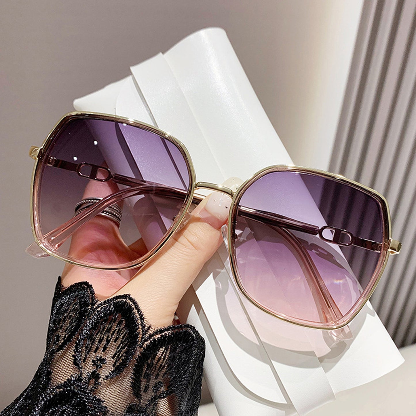 Oversized Square Sunglasses with Dual Layer Frame and Gold Temple Accent UV400 Dark Lenses