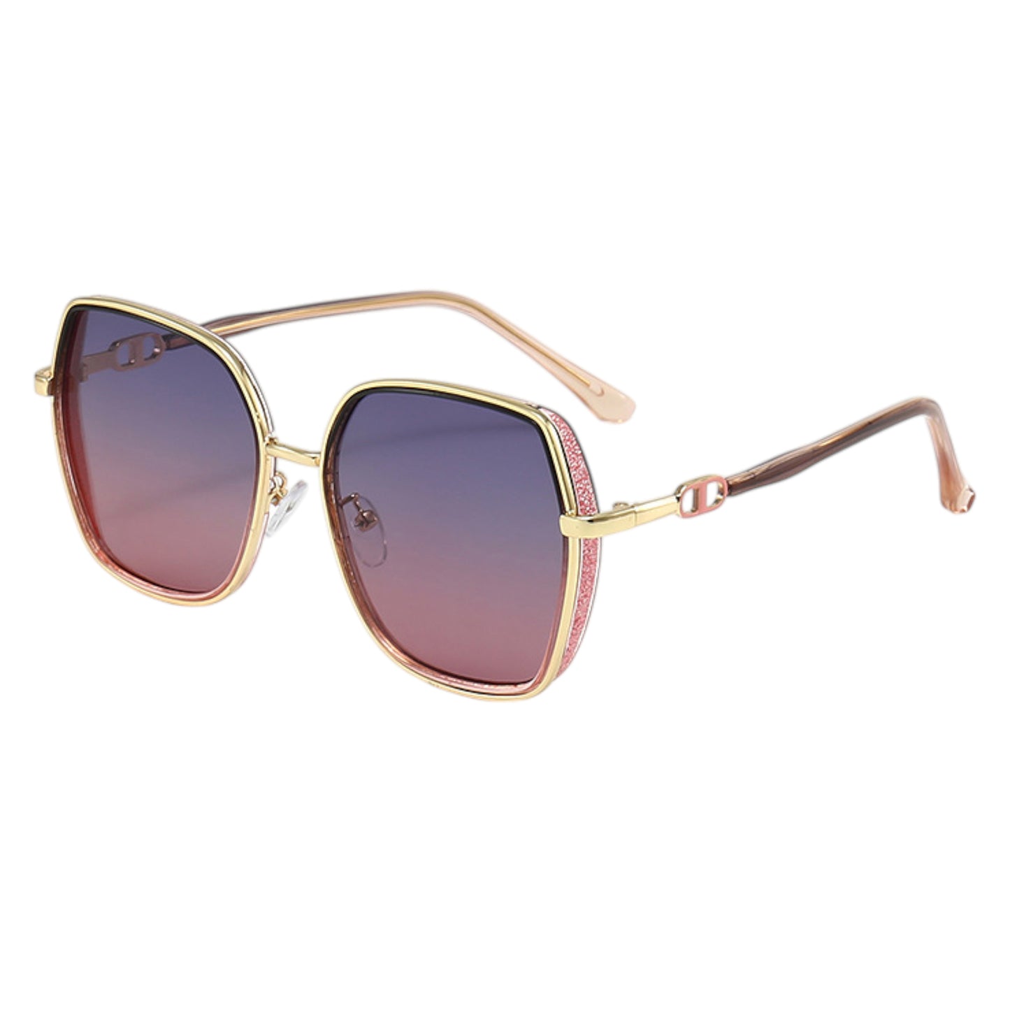 Oversized Square Sunglasses with Dual Layer Frame and Gold Temple Accent UV400 Dark Lenses