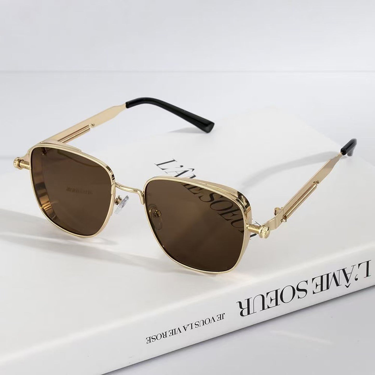 Unisex Geometric Square Sunglasses with Metal Frame and Industrial Side Bar Detailing