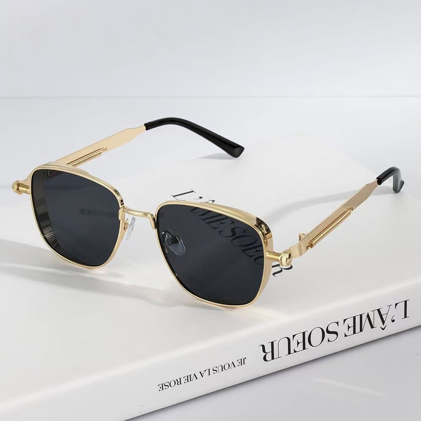 Unisex Geometric Square Sunglasses with Metal Frame and Industrial Side Bar Detailing