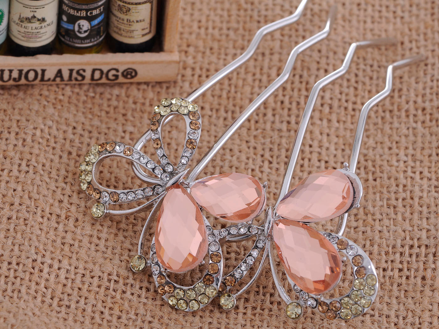 D Embellished Butterfly Hair Clip With Peach Hued Accents
