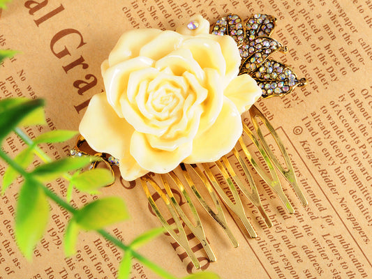Gold Sculpted Yellow Rose Embellished Leaves Hair Pin