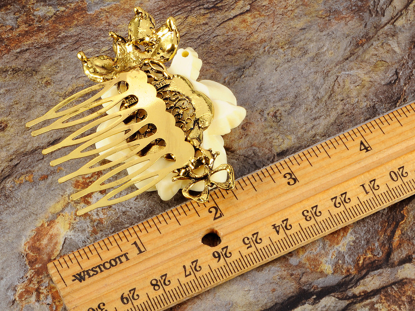 Gold Sculpted Yellow Rose Embellished Leaves Hair Pin