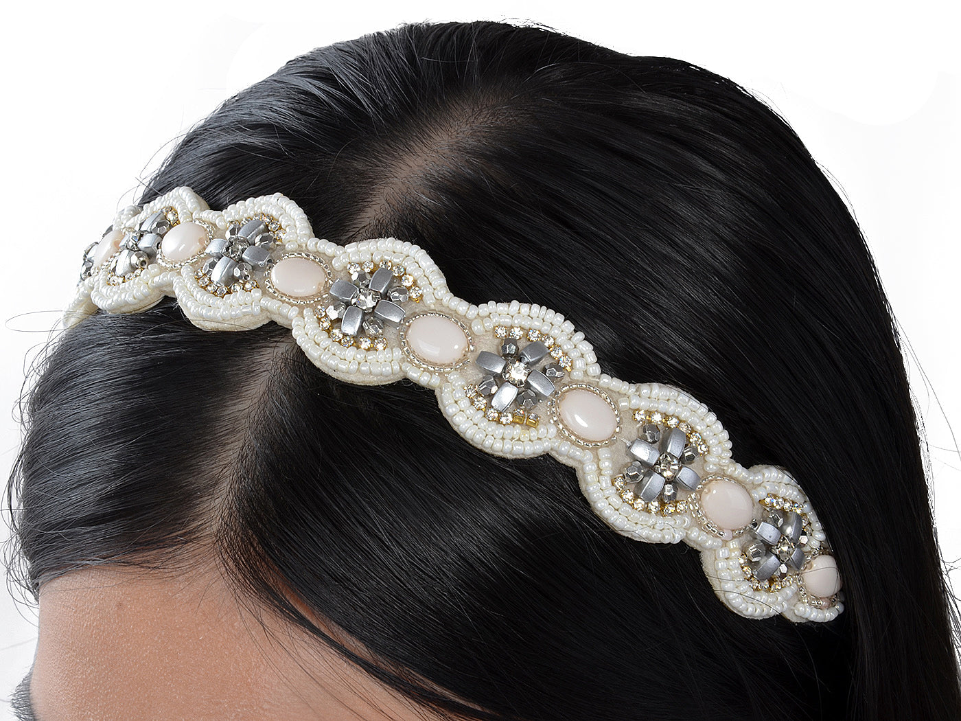 Beige Elastic Vintage Beaded Hair Piece Headband