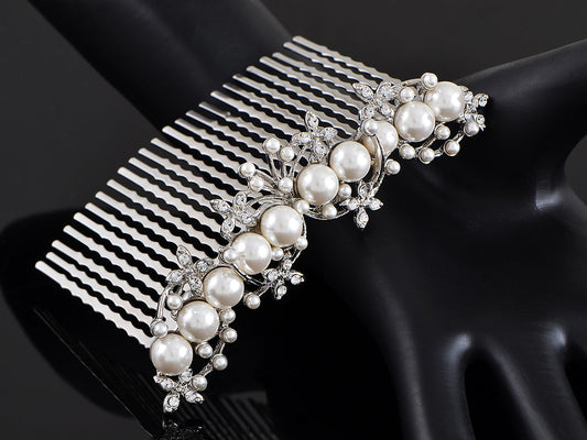 Silver Floral Stamen Simulated Pearl Bridal Hair Comb