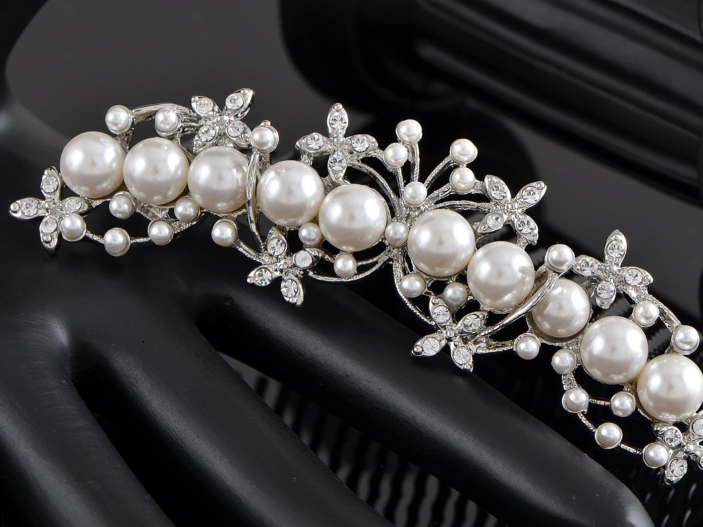 Silver Floral Stamen Simulated Pearl Bridal Hair Comb
