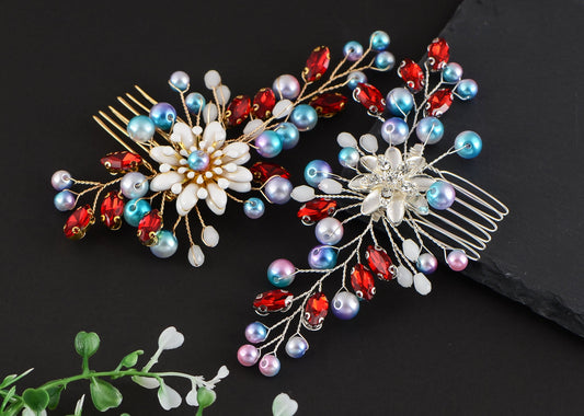 Alilang Flower Bride Wedding Hair Comb Golden Side Comb Multicolor Beads Hair Jewelry Bridal Hair Accessories