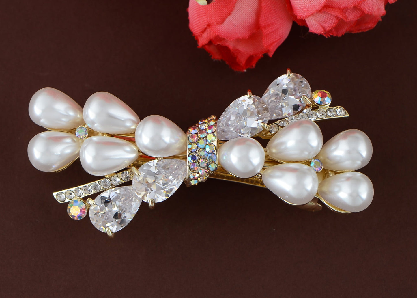 Alilang Womens Golden Tone Luxury Pearl Crystal Rhinestones Bow Tie Hair Clip