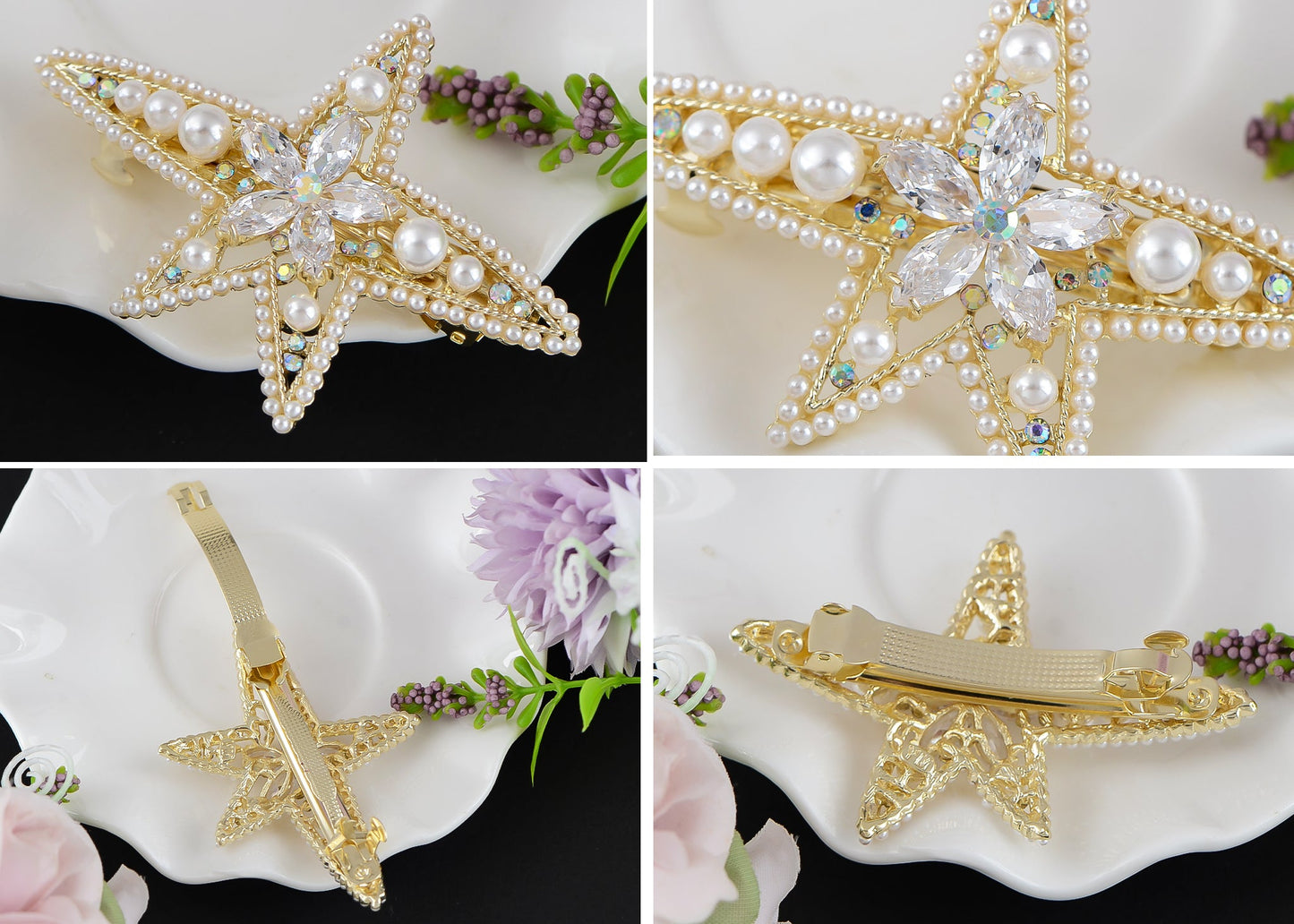 Alilang Womens Golden Tone Luxury Pearl Crystal Rhinestones Bow Tie Hair Clip