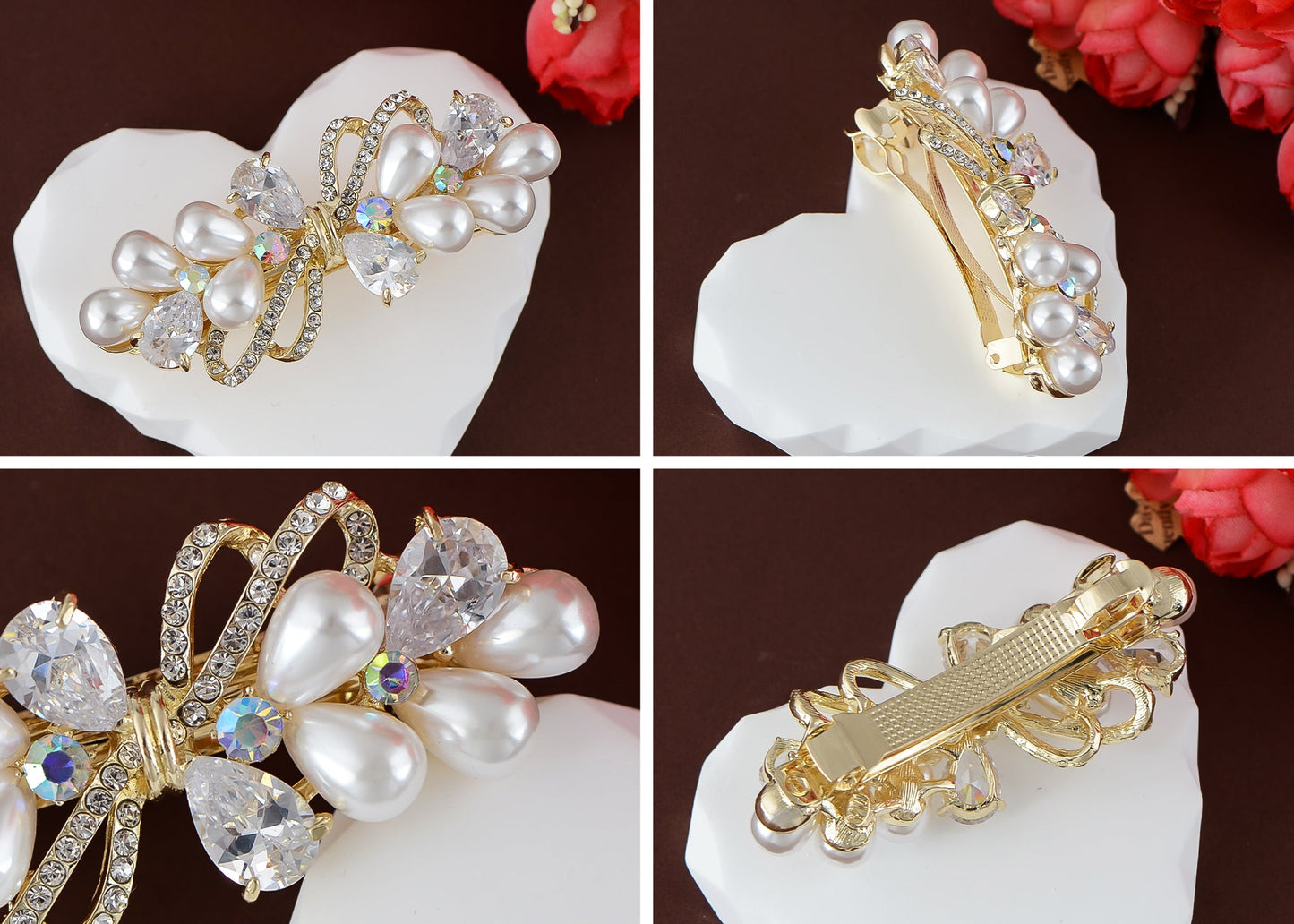 Alilang Womens Golden Tone Luxury Pearl Crystal Rhinestones Bow Tie Hair Clip