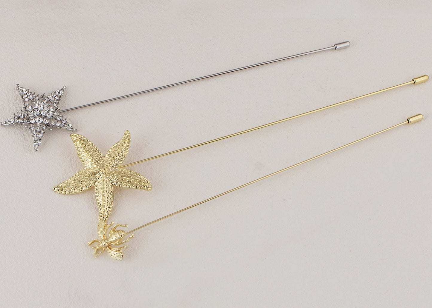 Alilang Women's Gold Tone Starfish, Honey Bee, Silver Star, and Insect Crystal Rhinestone Hatpins Jewelry Set Lapel Stick Pack of 1/3/4/6