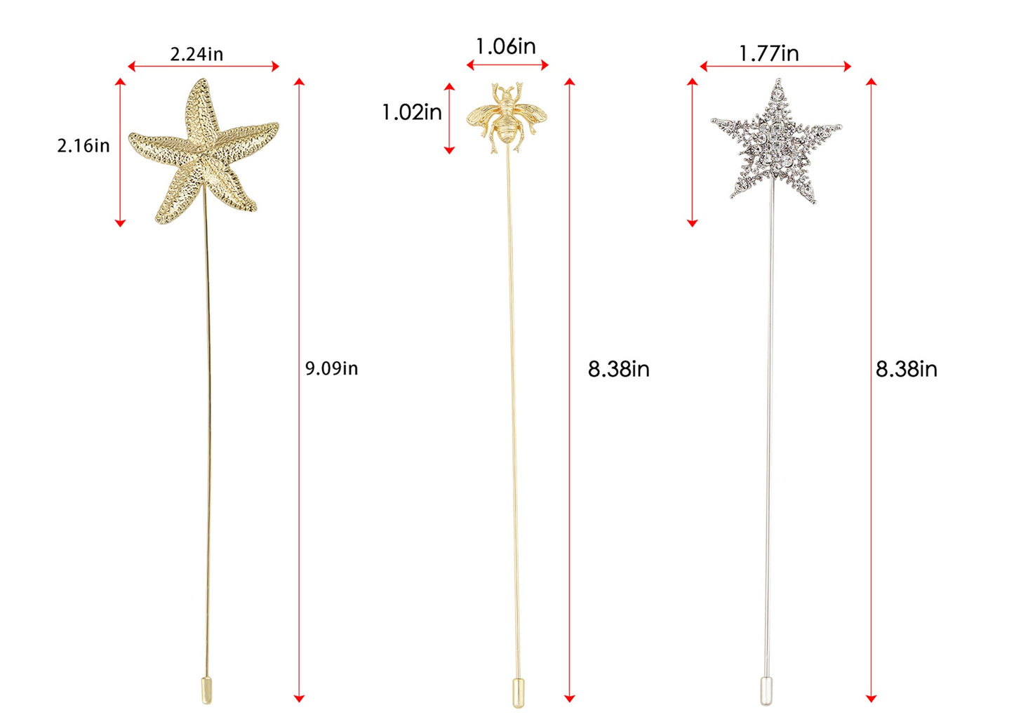 Alilang Women's Gold Tone Starfish, Honey Bee, Silver Star, and Insect Crystal Rhinestone Hatpins Jewelry Set Lapel Stick Pack of 1/3/4/6