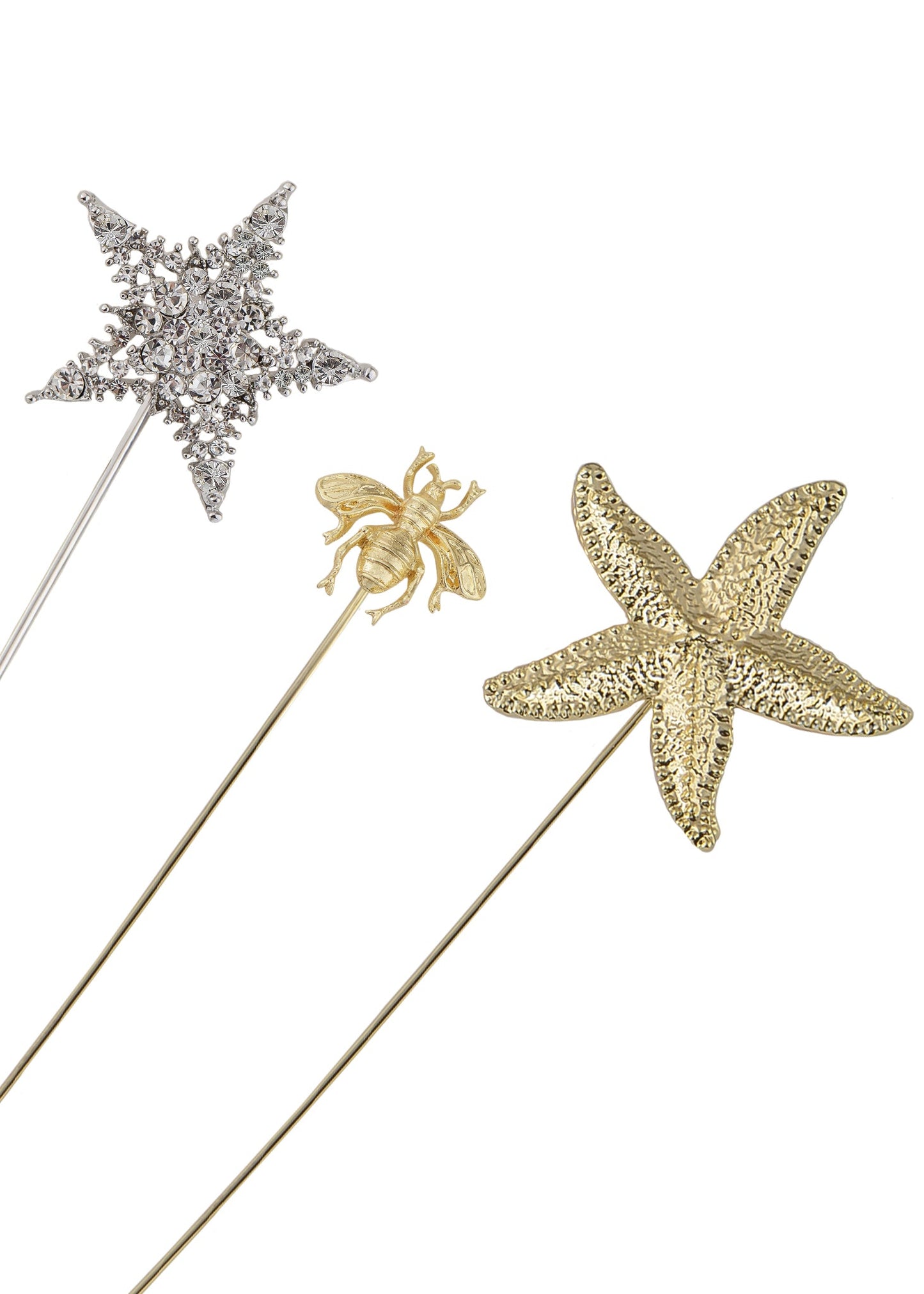 Alilang Women's Gold Tone Starfish, Honey Bee, Silver Star, and Insect Crystal Rhinestone Hatpins Jewelry Set Lapel Stick Pack of 1/3/4/6