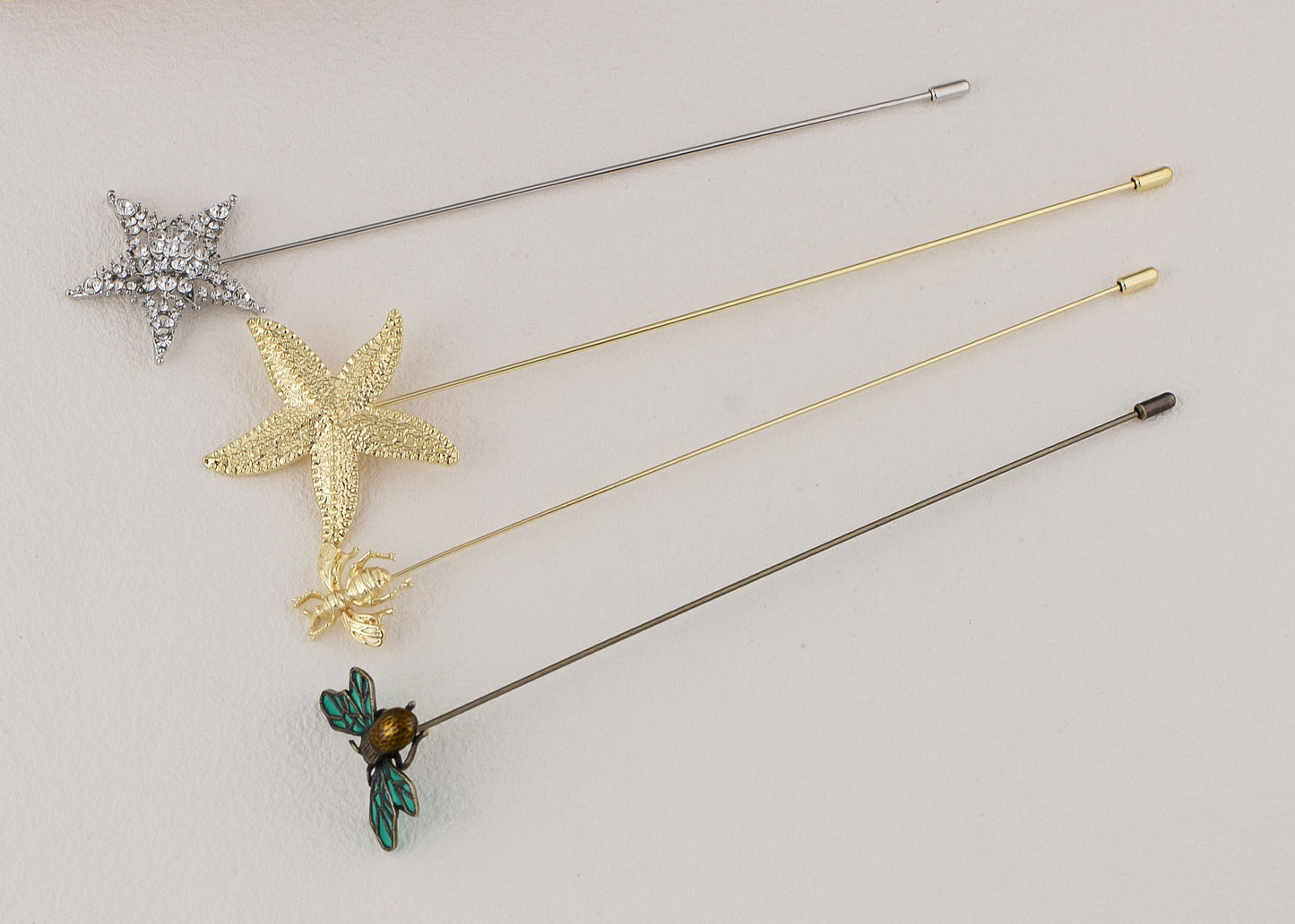 Alilang Women's Gold Tone Starfish, Honey Bee, Silver Star, and Insect Crystal Rhinestone Hatpins Jewelry Set Lapel Stick Pack of 1/3/4/6