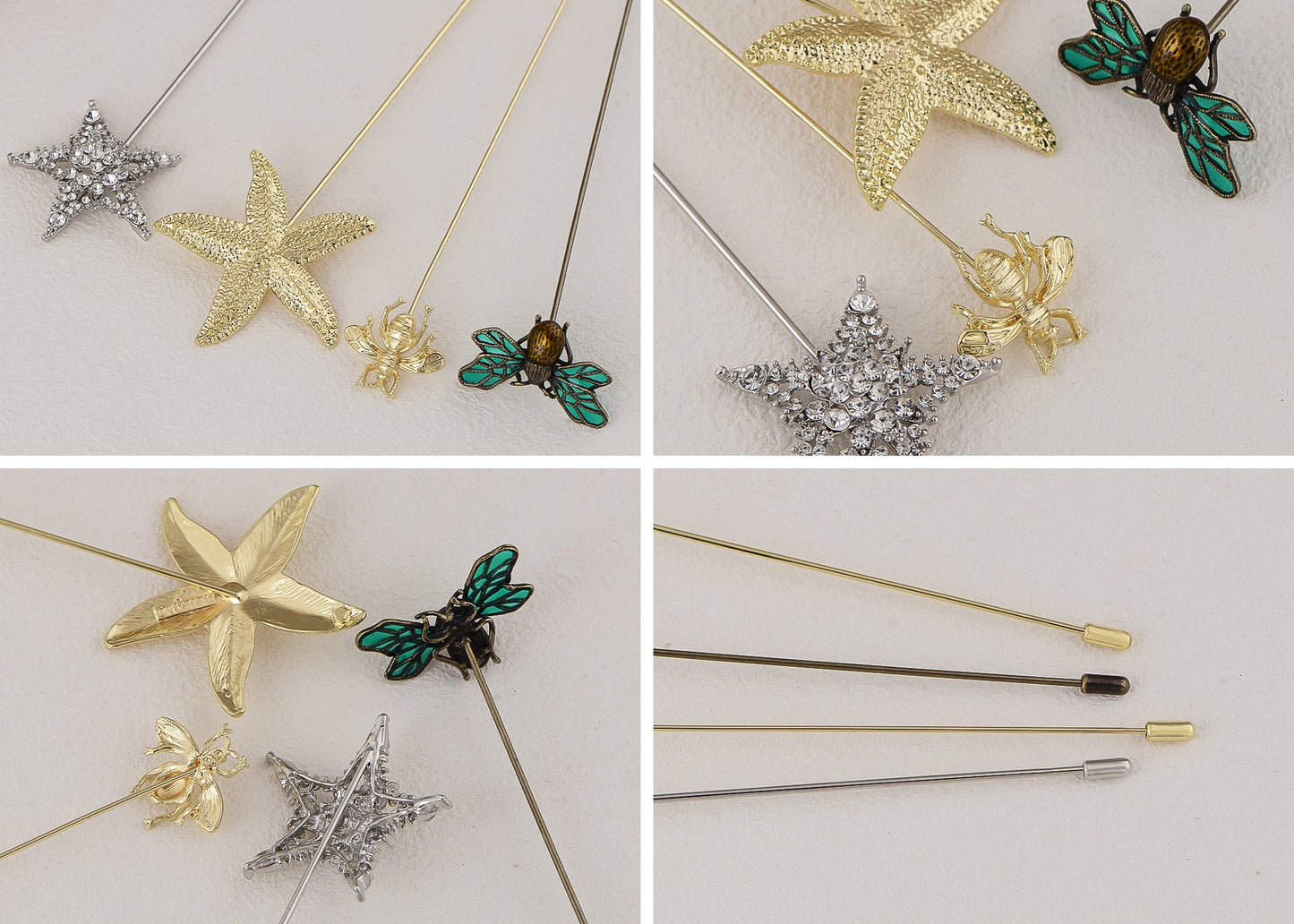 Alilang Women's Gold Tone Starfish, Honey Bee, Silver Star, and Insect Crystal Rhinestone Hatpins Jewelry Set Lapel Stick Pack of 1/3/4/6