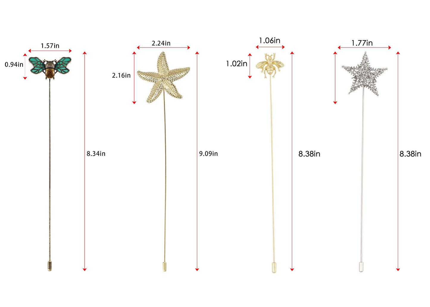 Alilang Women's Gold Tone Starfish, Honey Bee, Silver Star, and Insect Crystal Rhinestone Hatpins Jewelry Set Lapel Stick Pack of 1/3/4/6