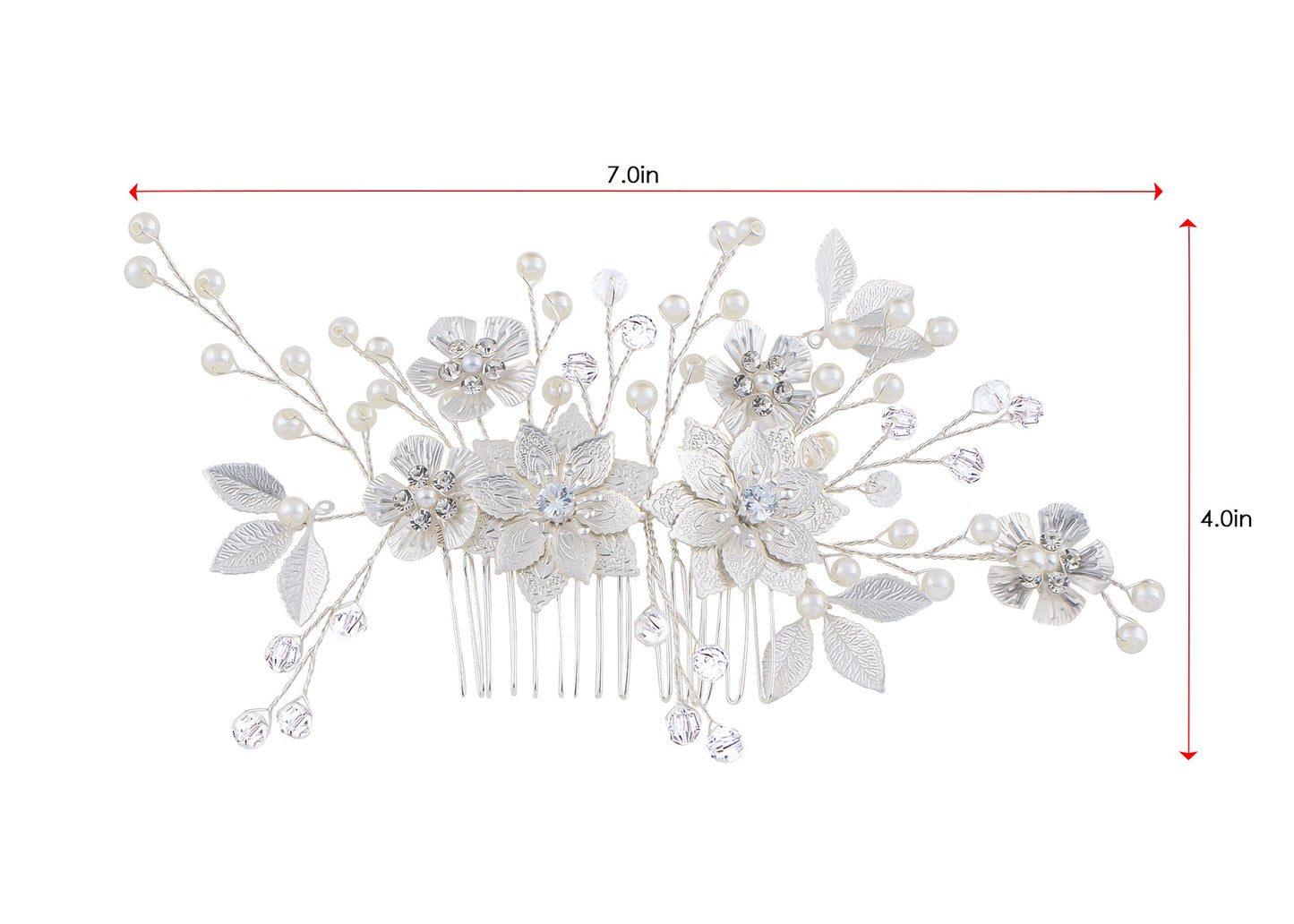 Alilang Womens Silvery Flower Leaves Pearl Bridal Wedding Headpiece Accessory Crystal Rhinestone Hair Side Comb