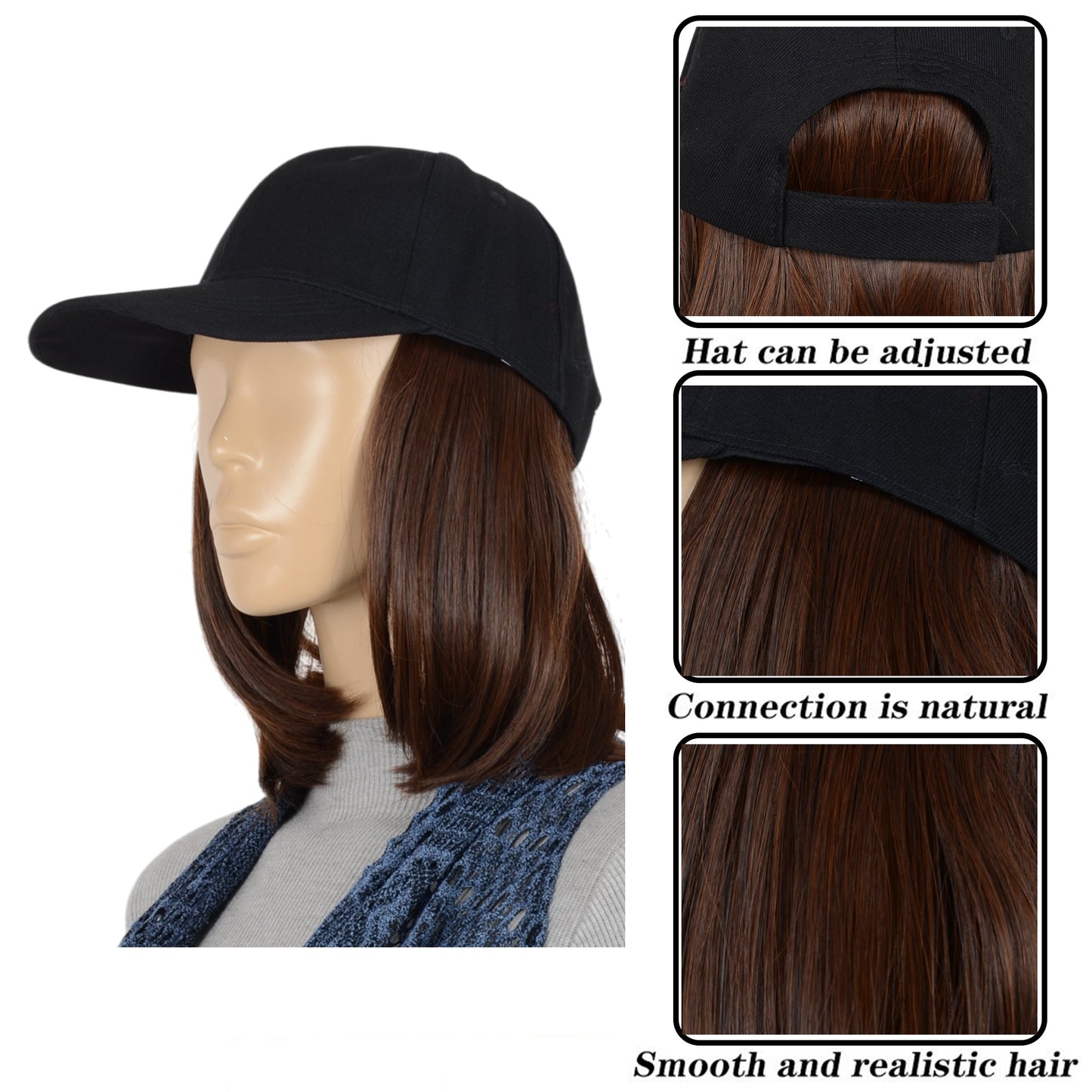 Adjustable Short Hair Wig Baseball Cap for Women with Natural Looking 10 Inch Bob Hairpiece for Outdoor and Daily Wear