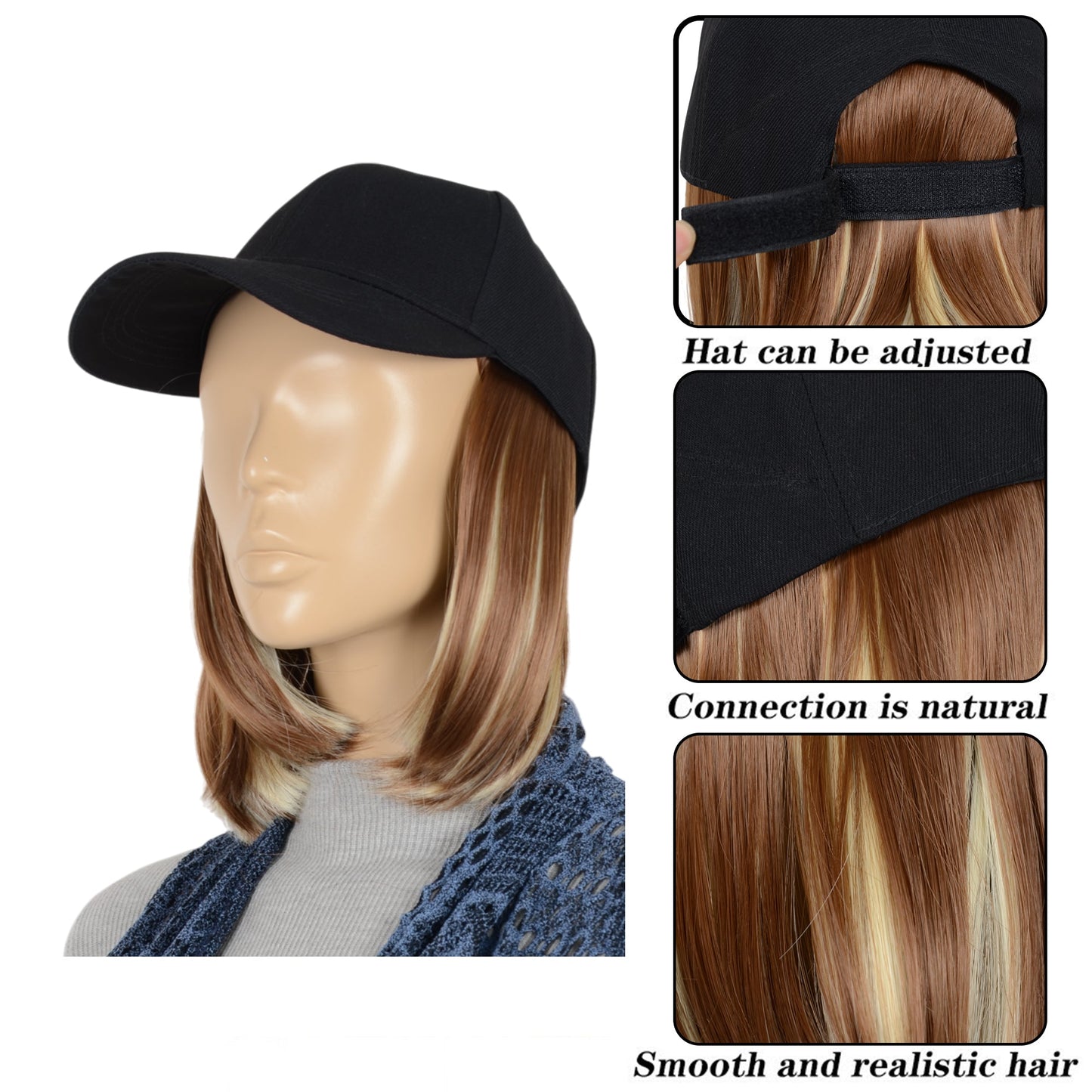 Adjustable Short Hair Wig Baseball Cap for Women with Natural Looking 10 Inch Bob Hairpiece for Outdoor and Daily Wear