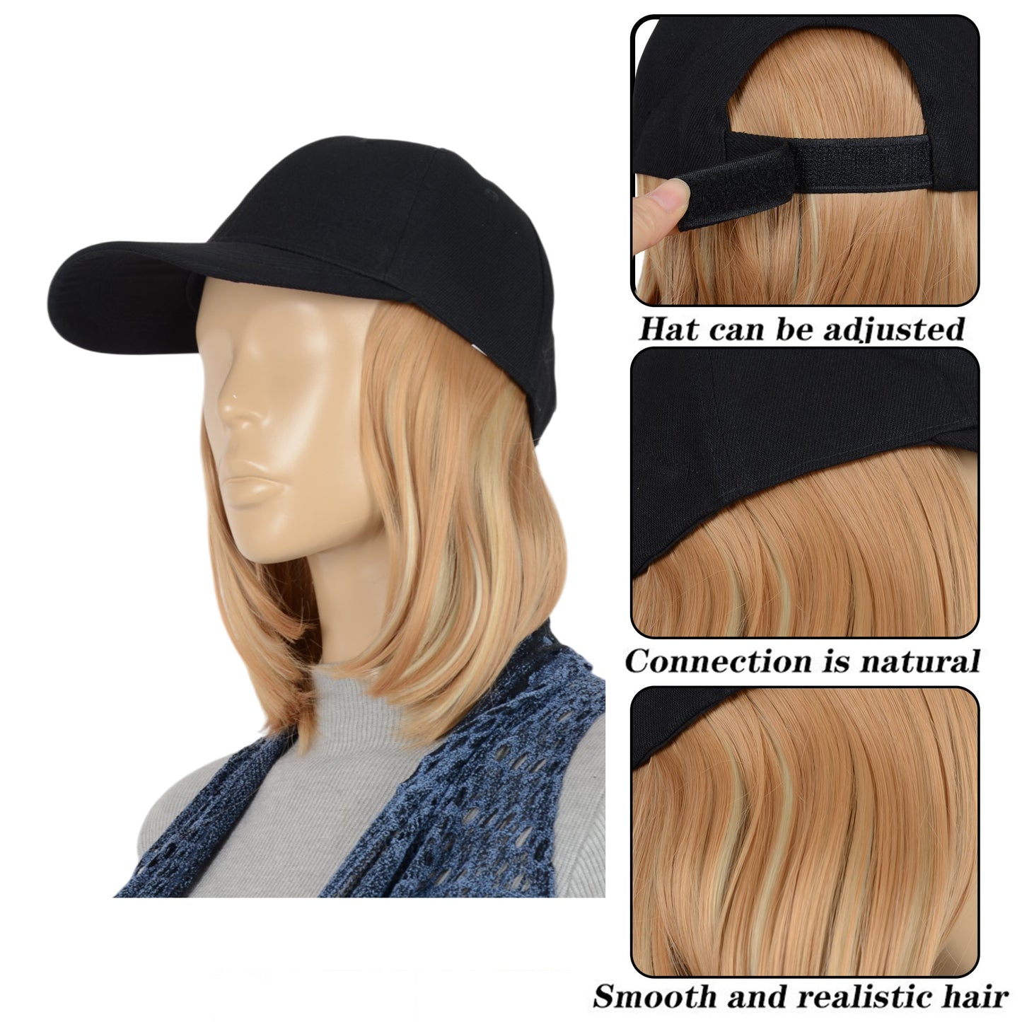 Adjustable Short Hair Wig Baseball Cap for Women with Natural Looking 10 Inch Bob Hairpiece for Outdoor and Daily Wear