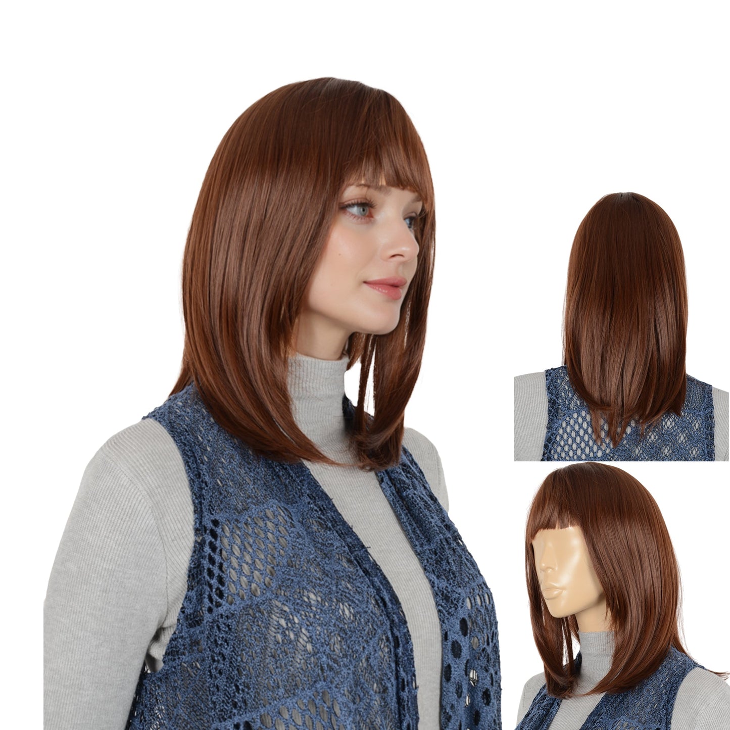 Medium Length Straight Bob Wigs 14 inch Synthetic with Bangs Daily Party Cosplay Hair Wig for Wome