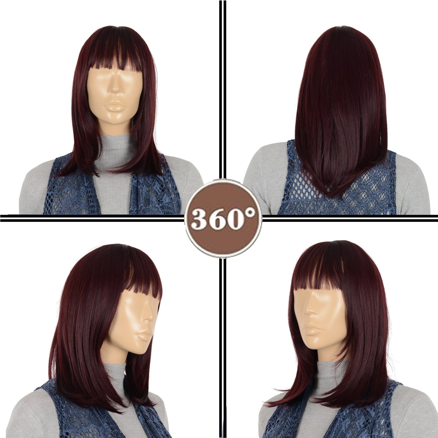 Medium Length Straight Bob Wigs 14 inch Synthetic with Bangs Daily Party Cosplay Hair Wig for Wome